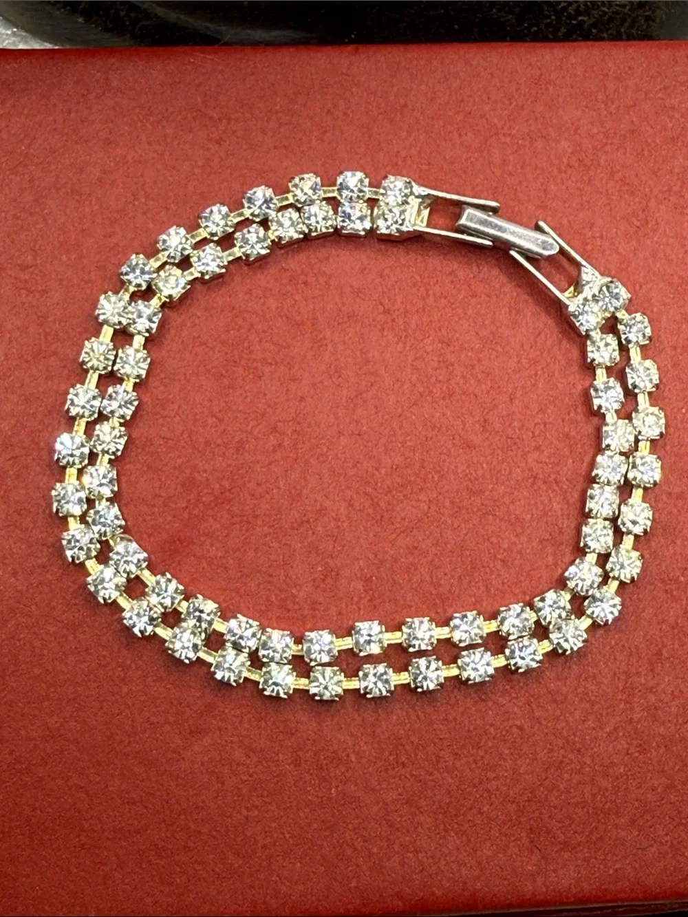Vintage Gold-Tone Clear Crystal Double Row Tennis Bracelet prong set station